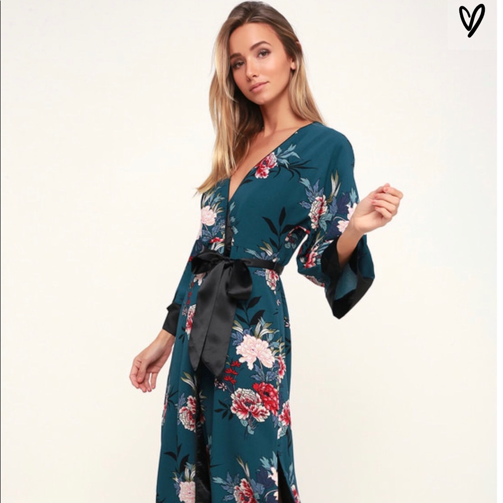 Teal Floral Print Midi Wrap Dress